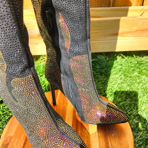 Sexy & Fun Black & Gold Rhinestone Flame Detail Sexy OTK Thigh Boots - Picture 15 of 16